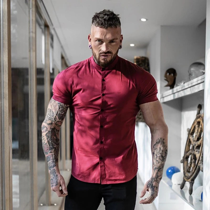 Mens Short Sleeve Shirt Summer Plain Slim Fit Dress Shirts Fitness Men Gym Clothing Fashion Casual Social Stand Business Shirts