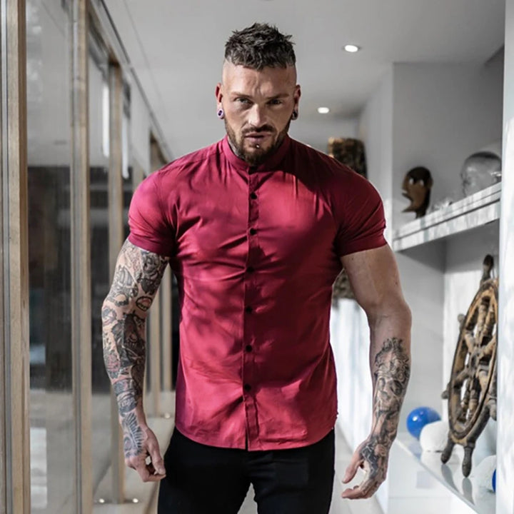 Mens Short Sleeve Shirt Summer Plain Slim Fit Dress Shirts Fitness Men Gym Clothing Fashion Casual Social Stand Business Shirts