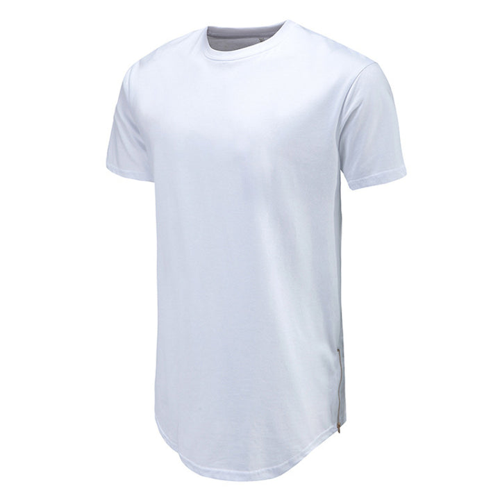 New Summer Best Seller Mens T Shirts Solid Color Round Neck Bottom Side Zipper Fashion Hip-hop Style White Short Sleeve Male