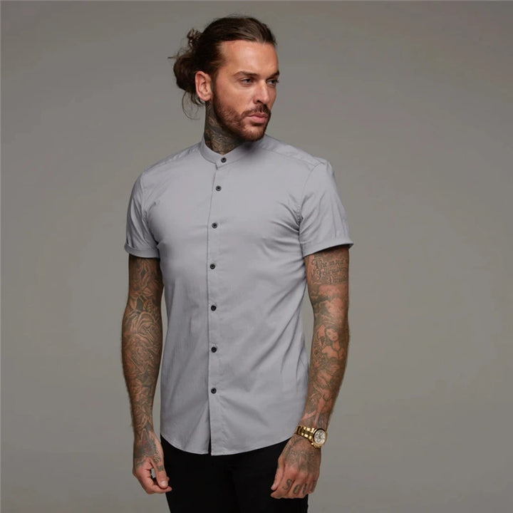Mens Short Sleeve Shirt Summer Plain Slim Fit Dress Shirts Fitness Men Gym Clothing Fashion Casual Social Stand Business Shirts