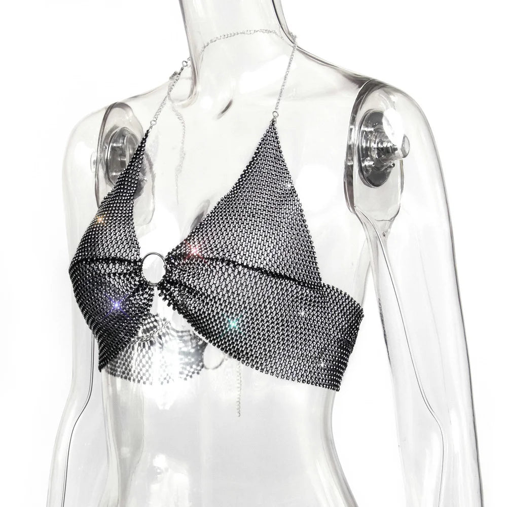 Sexy black White Summer crop top women festival Beach club outfits Party tank top t shirt woman Halter Rhinestones tops topy Hot