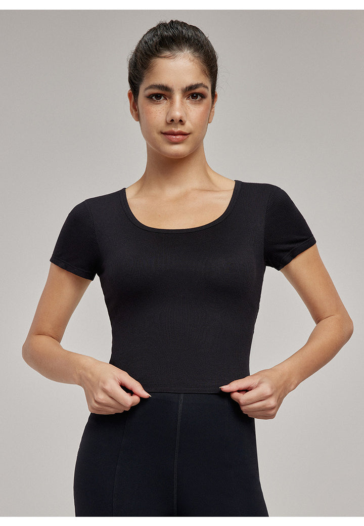 High-End Yoga Top for Women Summer Fitted Sports Short-Sleeve T-shirt Breathable Anti-Slip Cup Design