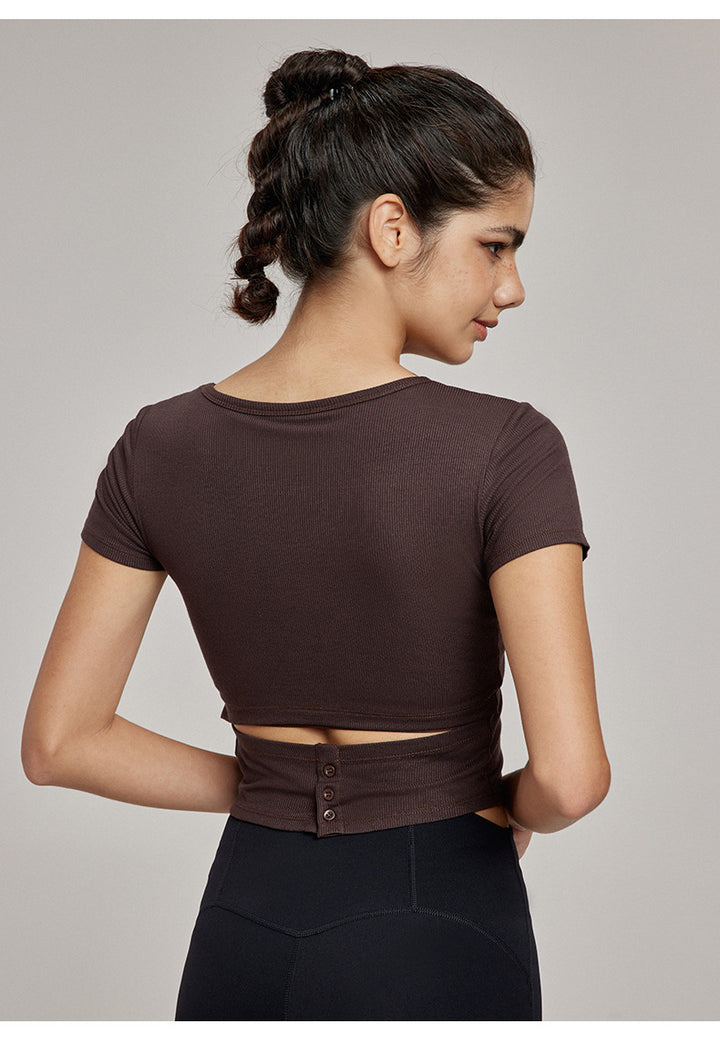 High-End Yoga Top for Women Summer Fitted Sports Short-Sleeve T-shirt Breathable Anti-Slip Cup Design