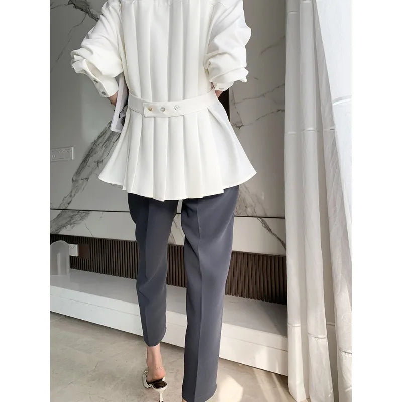 Elegant Women Shirts Woman Waist Long Sleeve Lapel Single Breasted Sashe Shirt Office Lady Business Pleated Ruched Blouses Tops
