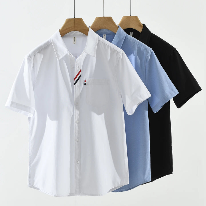 Men's 100% Cotton Short-Sleeve Shirt – Classic Turn-Down Collar, Slim Fit with Chest Pocket & Striped Detail