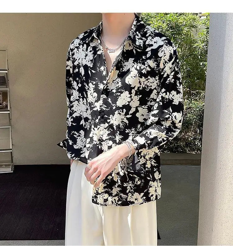 Men's Floral Shirt Men's Style New Long-sleeved Spring Autumn High-end Ice Silk Casual Loose