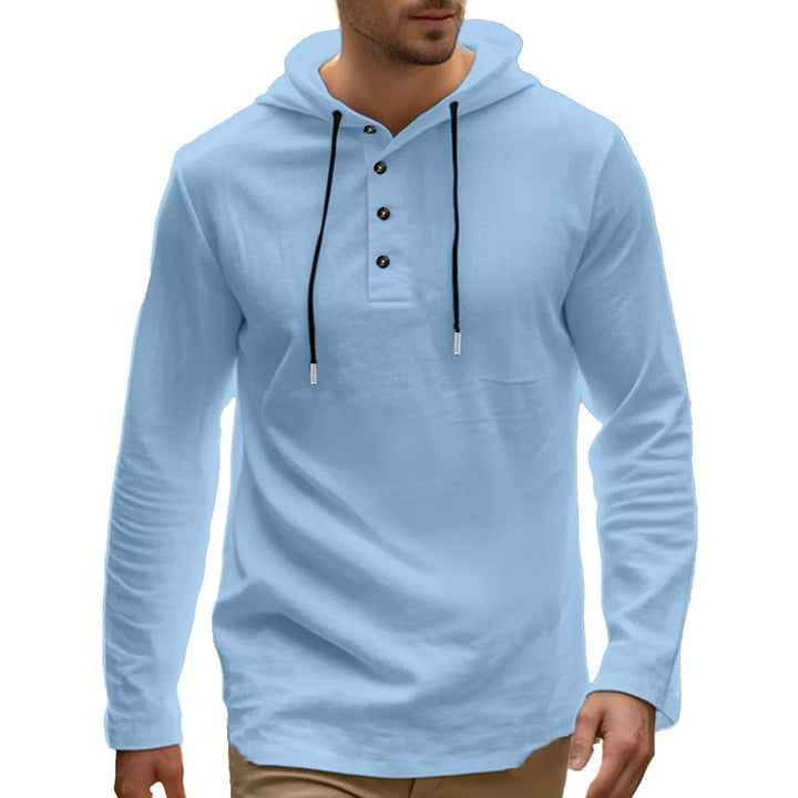 2026 New Men's  T-Shirts Spring Summer Hooded Cotton Linen Tops for Men Soft Loose Henley Shirt Casual Button Long Sleeve Shirts