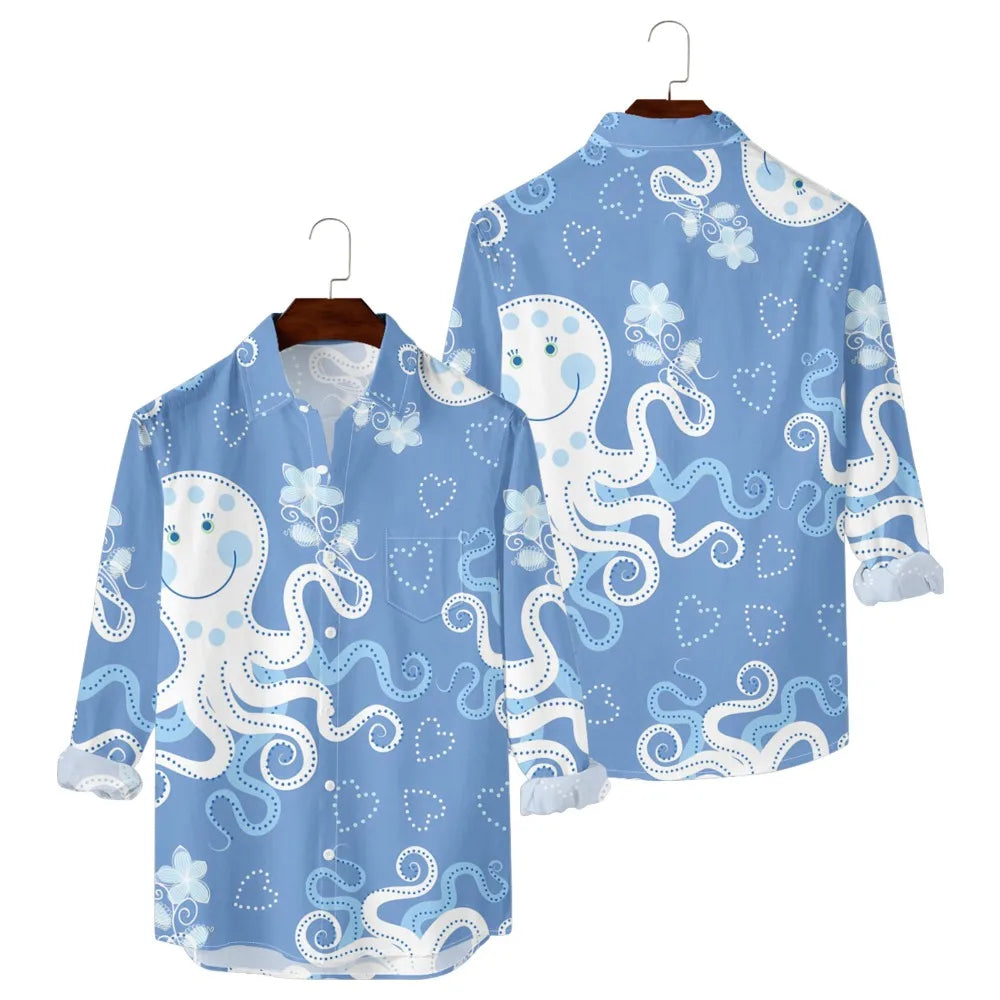 قميص رجالي مطبوع عليه سمك هاواي - قميص كاجوال بأكمام طويلة