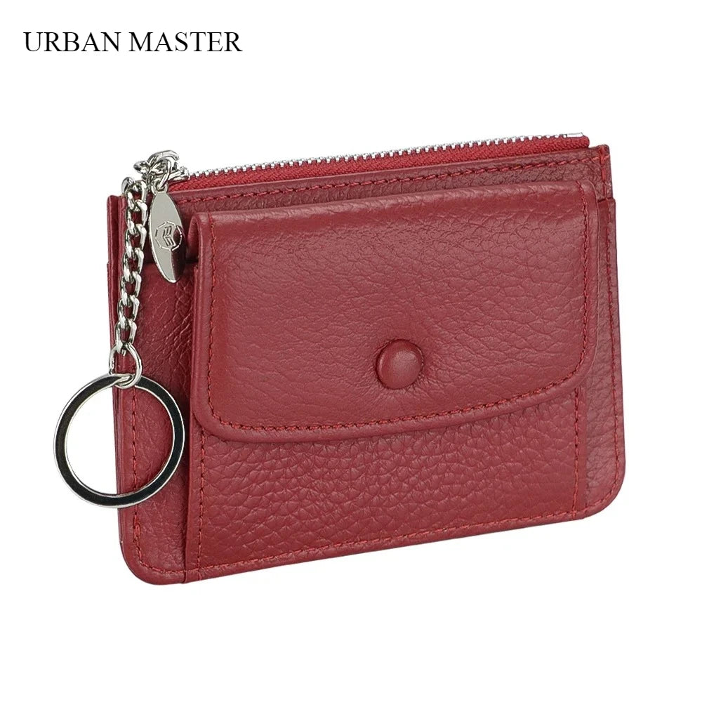 محفظة جلدية نسائية للبطاقات والعملات المعدنية مع سلسلة مفاتيح