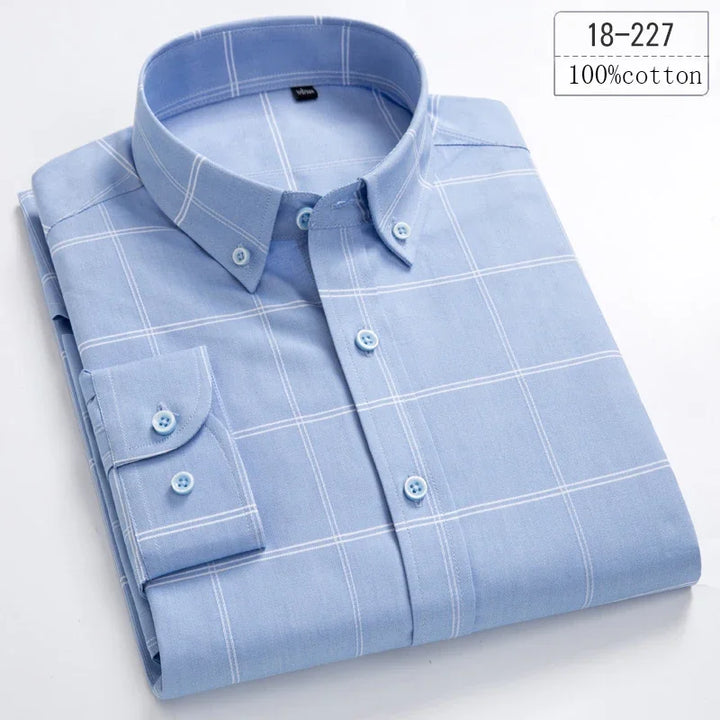 New in Shirt 100% Cotton Long-Sleeve Shirts for Men Slim Fit Plain Shirt Thin Plaid Striped Tops Fashion Elegants Office Clothes