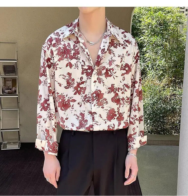 Men's Floral Shirt Men's Style New Long-sleeved Spring Autumn High-end Ice Silk Casual Loose