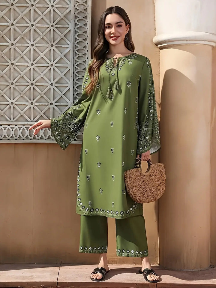 2pcs Boho Chic Salwar Suit Ethnic Print Lightweight Non-See-Through Ramadan Fashion with Flared Cuffs & Hem for Women Outdoor Ev