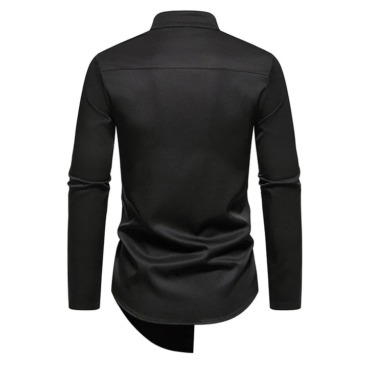 Mens Dress Shirts Vintage Personality Irregular Crop Long Sleeve Business Stand Collar Shirt Men Camisas Streetwear Blusas Tops