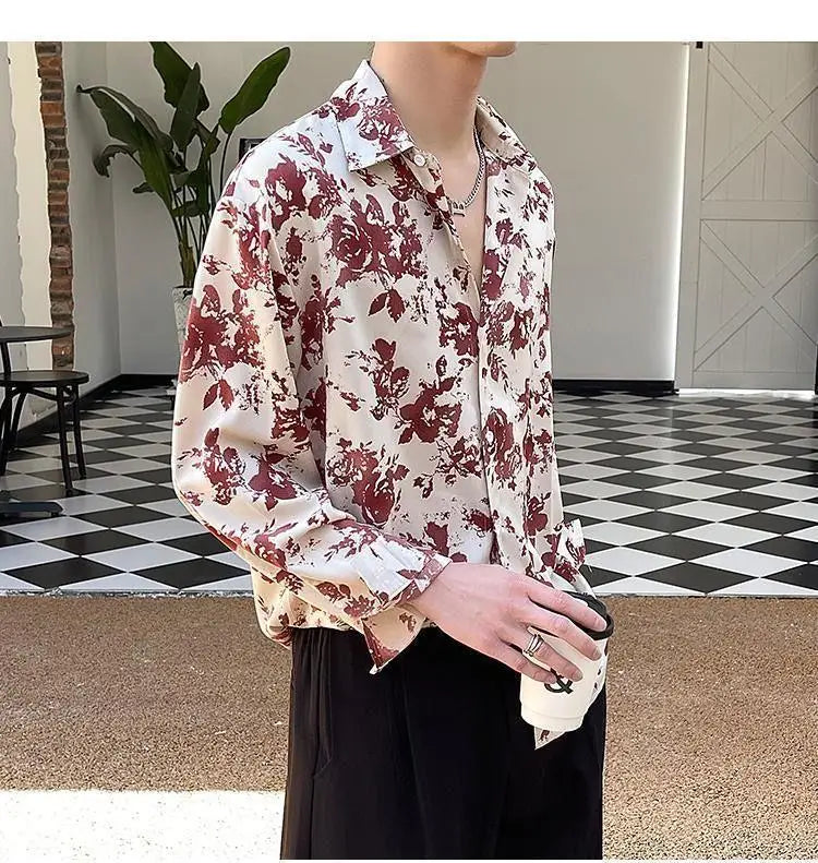 Men's Floral Shirt Men's Style New Long-sleeved Spring Autumn High-end Ice Silk Casual Loose