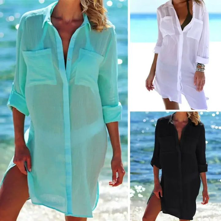 Women’s 2026 Cotton Beach Tunic Dress – Sexy White Maxi & Mini Cover-Up