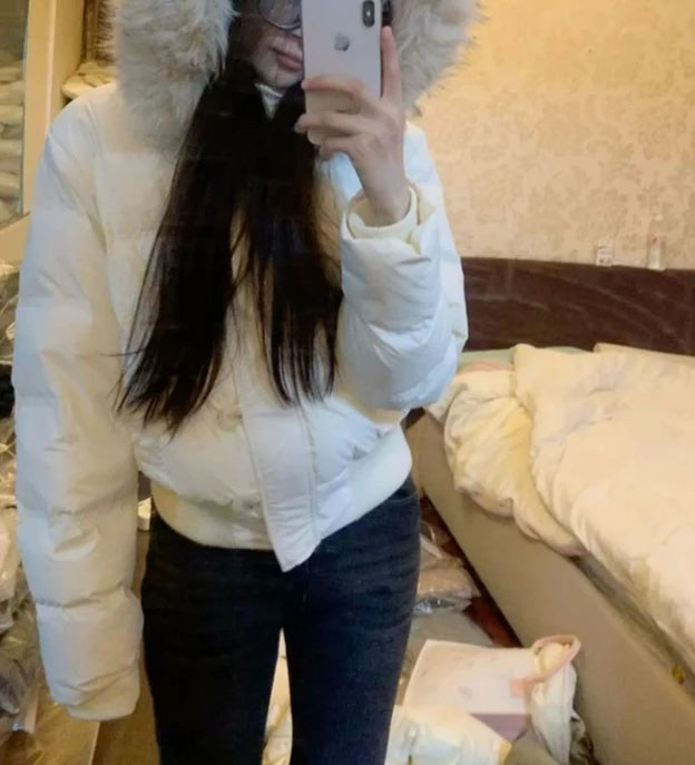 Korean Retro Big Fur Collar Cotton Clothes for Women's Autumn and Winter New Waist Thin Warm Jacket Khaki Bread Clothes