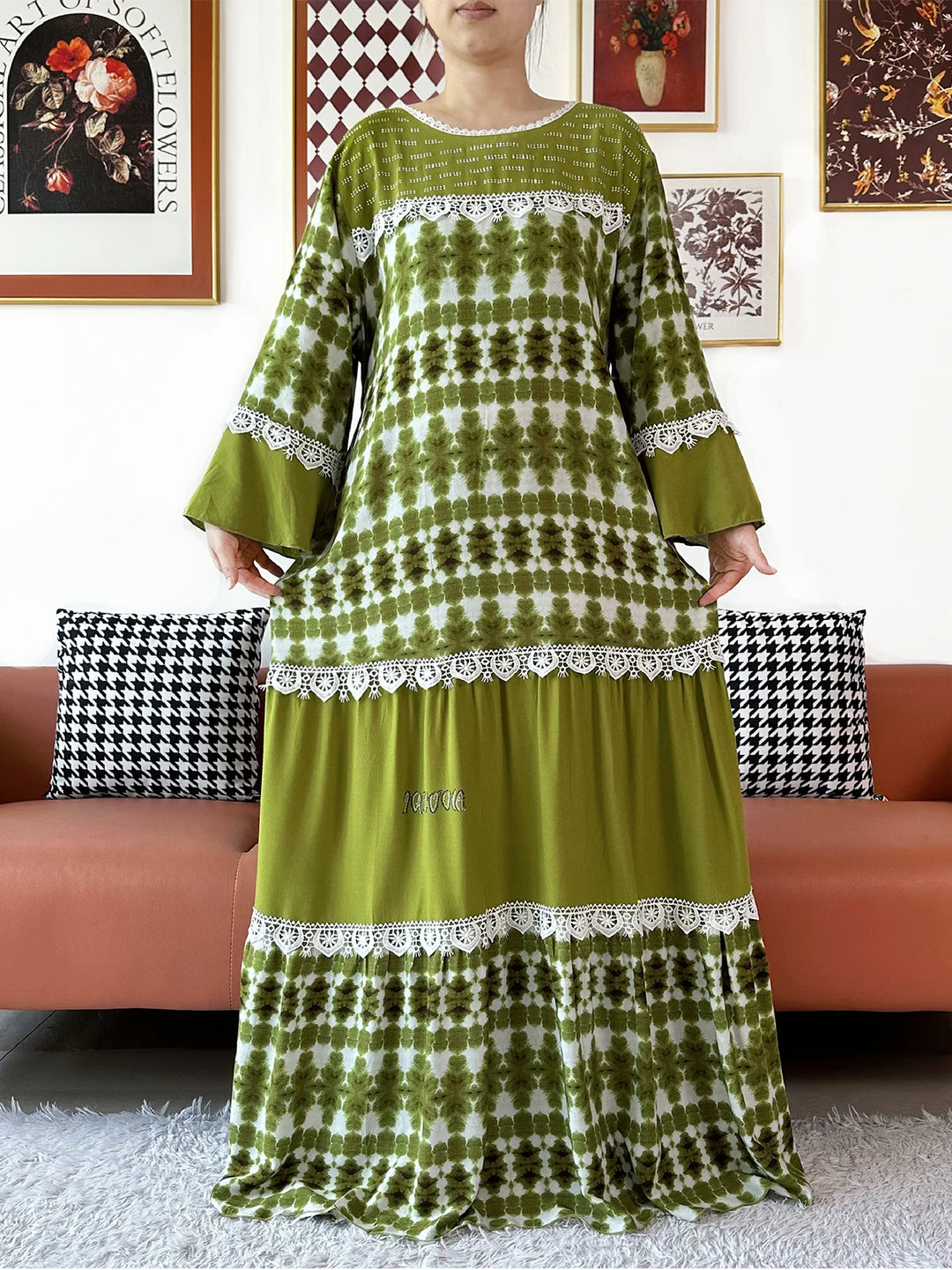 High Quality Women Party Kashkha Abaya Wave Floral Cotton Abaya African Boubou Muslim Loose Kaftan Maxi Dress with Big Shawls