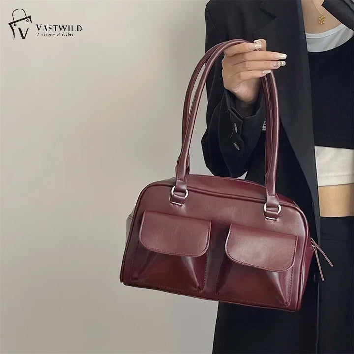 Vintage Women’s PU Leather Shoulder Bag – Large Burgundy Tote & Commute Purse