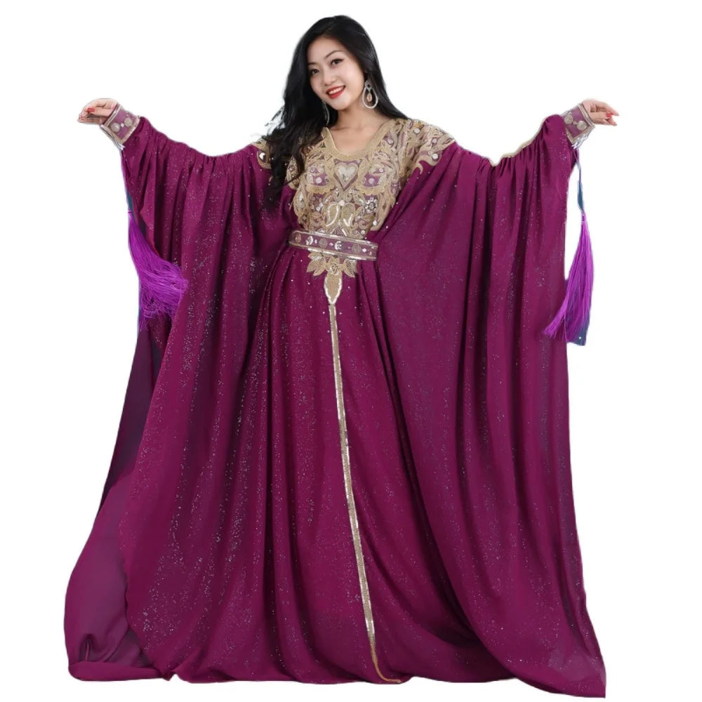 Egyptian Traditional Khaleeji Thobe Dress Folk Dance Robe Belly Dance Kaftan Rhinestone Competition Khaleegy Costume with Belt