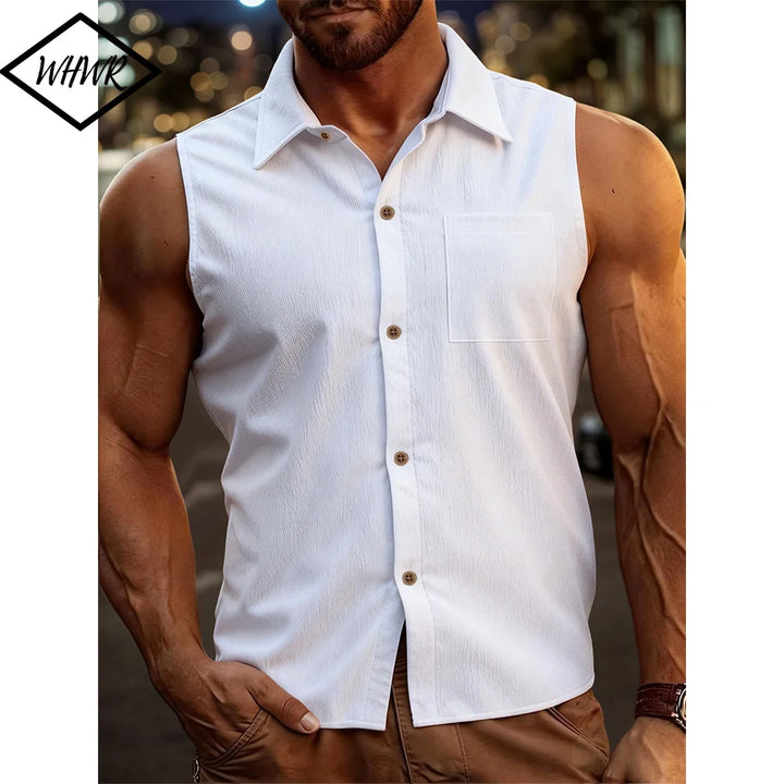 Mens Fashion Casual Sleeveless Shirts Men Turn-down Collar Buttoned Vest Shirt Summer Breathable Male Solid Color Tank Tops