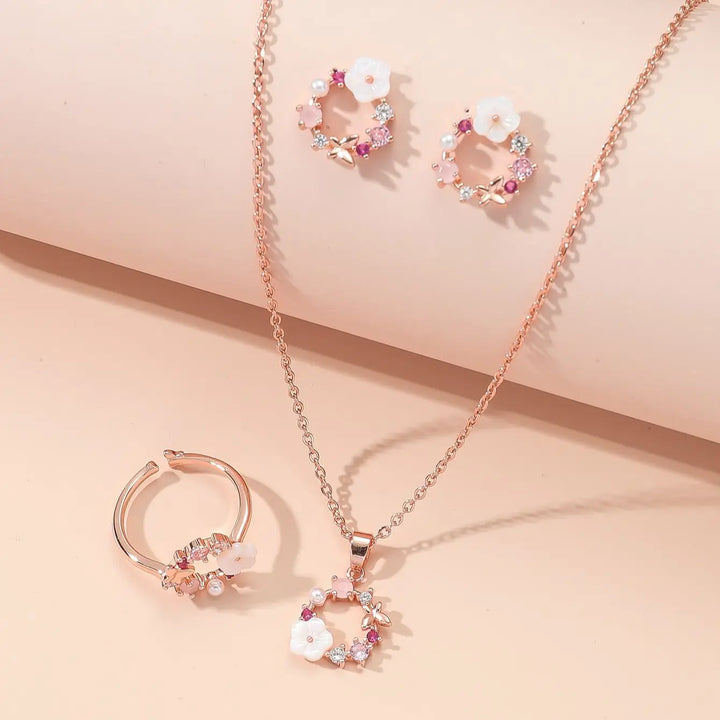 Women’s Rose Gold Flower Jewelry Set – Necklace, Ring & Earrings
