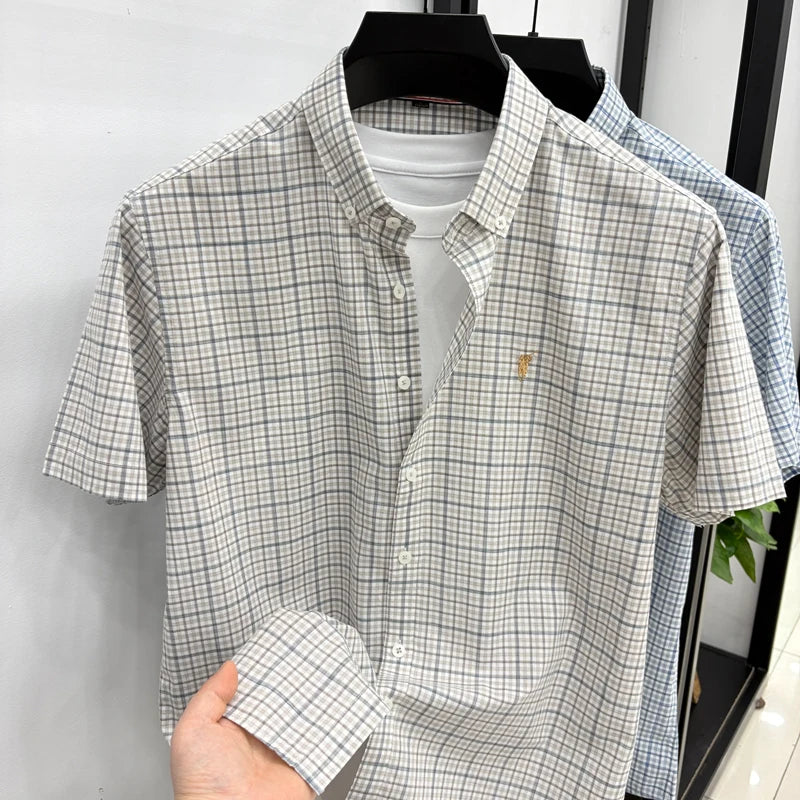 Short Sleeved Shirt for Men in Summer, Thin Design for Men, High-end Checkered Embroidered Shirt, Pure Cotton Top