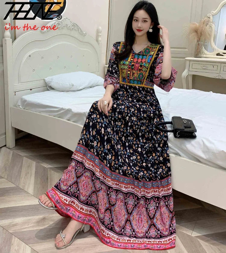 Women’s Indian Summer Dress – Embroidered Elegant Maxi Party & Beach Dress