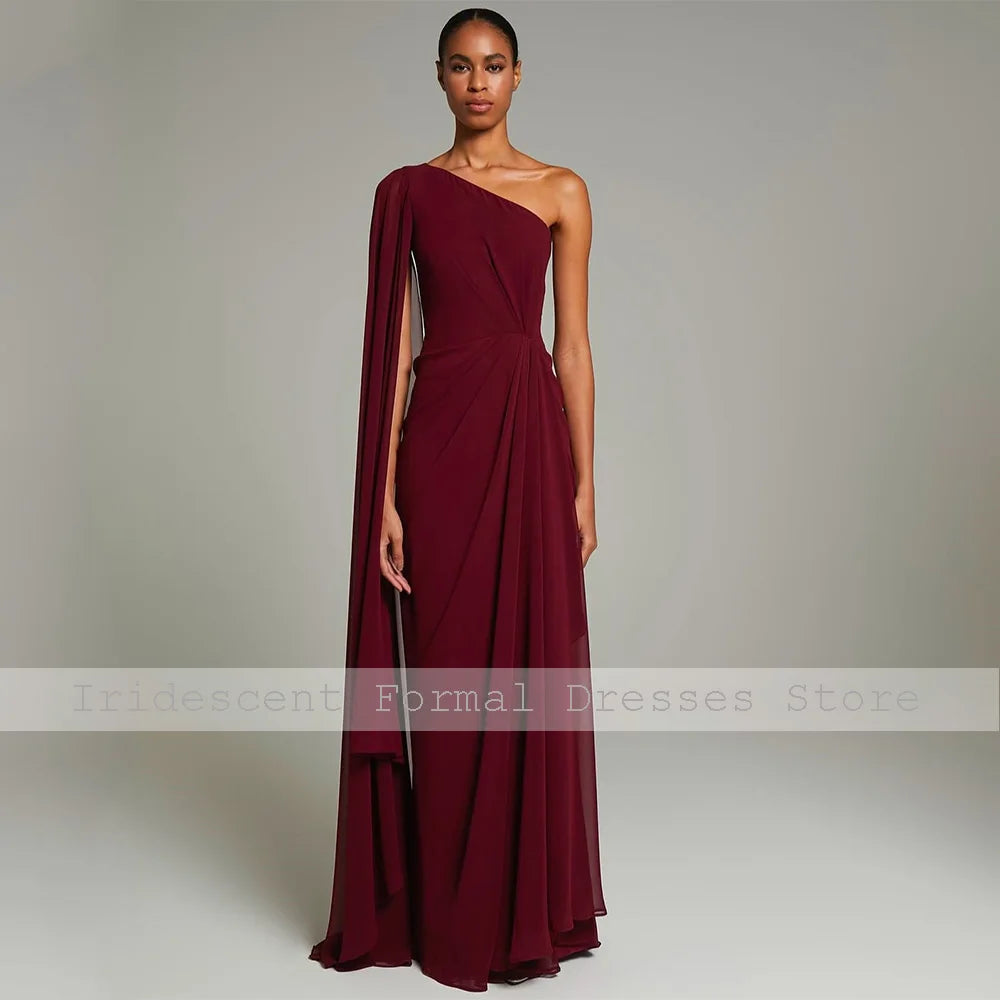 Women's Evening Dresses Burgundy Chiffon Draped One Shoulder Evening Gowns Long Pleat Trumpet/Mermaid Formal Party Dress 2025