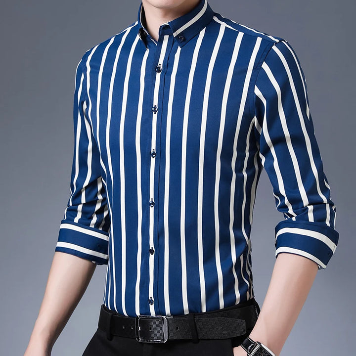 Men's Elegant  Striped Iron-Free Long Sleeve Dress Shirts - Breathable, Stretchy Casual Button Up Shirt For Formal Occasions