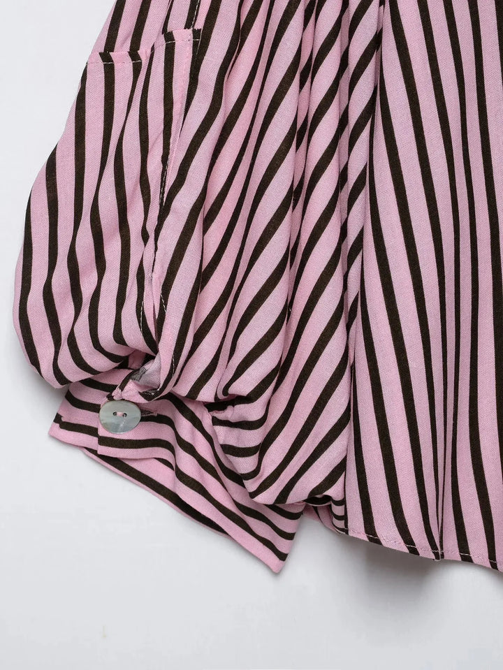 Women Striped Shirts For Women Vintage Elegant Puff Sleeve Summer New High Street Clothes Leisure Single-breasted Lapel Blouse