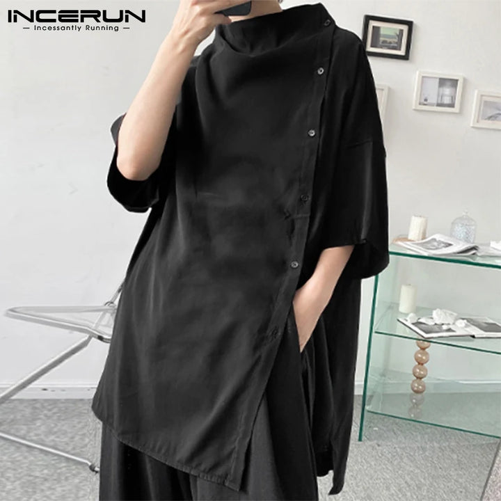 Handsome Well Fitting Men's Casual Shirts Solid Color Turtleneck Half Sleeve Button Up Camisa Masculina S-5XL INCERUN Tops 2023