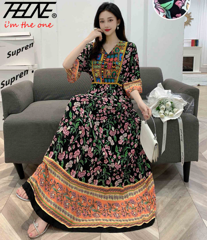 Women’s Indian Summer Dress – Embroidered Elegant Maxi Party & Beach Dress