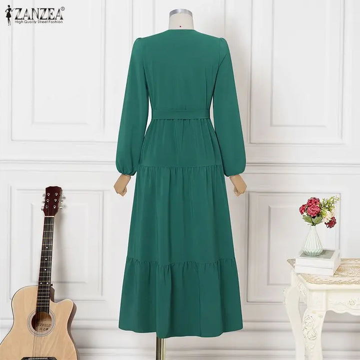 ZANZEA Elegant Muslim Abaya Dress Women O Neck Long Sleeve Pleated Sundress Maxi Robe Casual Kaftan Stylish Party Dress Ramadan