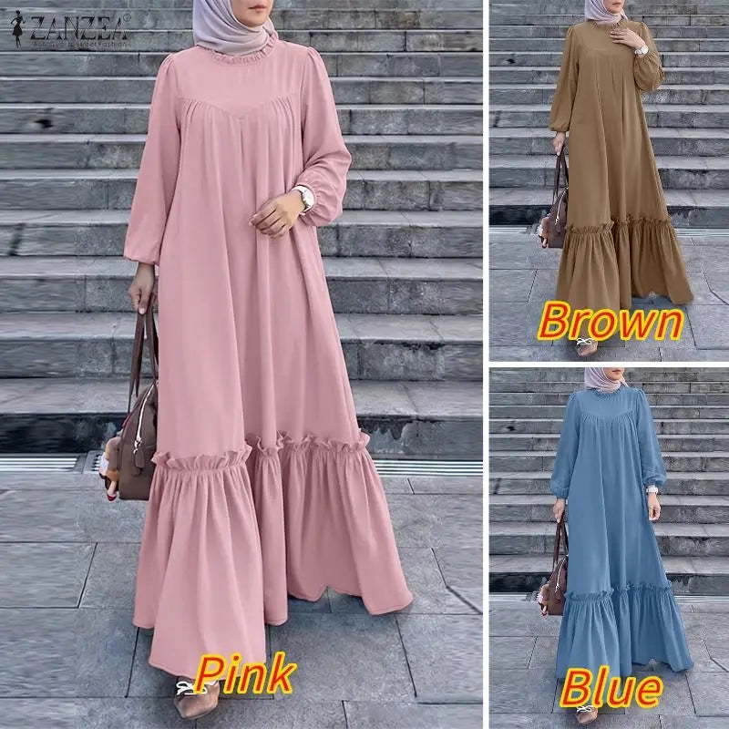 ZANZEA Muslim Modest Fashion Maxi Dress Women's Hijab O-Neck Long Sleeve Ruffled Hem Abaya Robes Islamic Ramadan Eid Kaftan