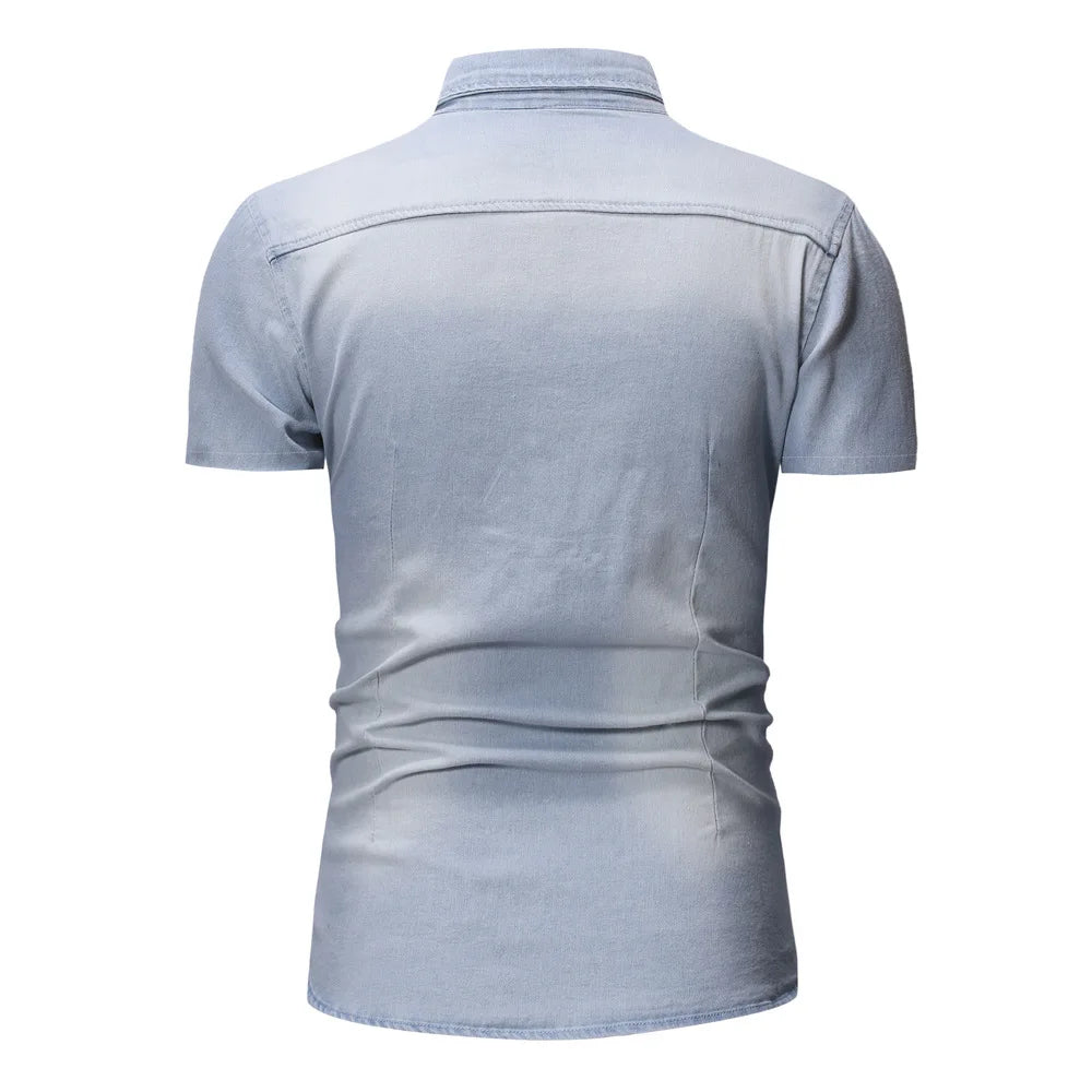 Men Denim Shirts Tops Shirt Short Sleeve Button Turn Down Collar Single Breasted Slim Fit Solid Simple Casual Splice Top 2024