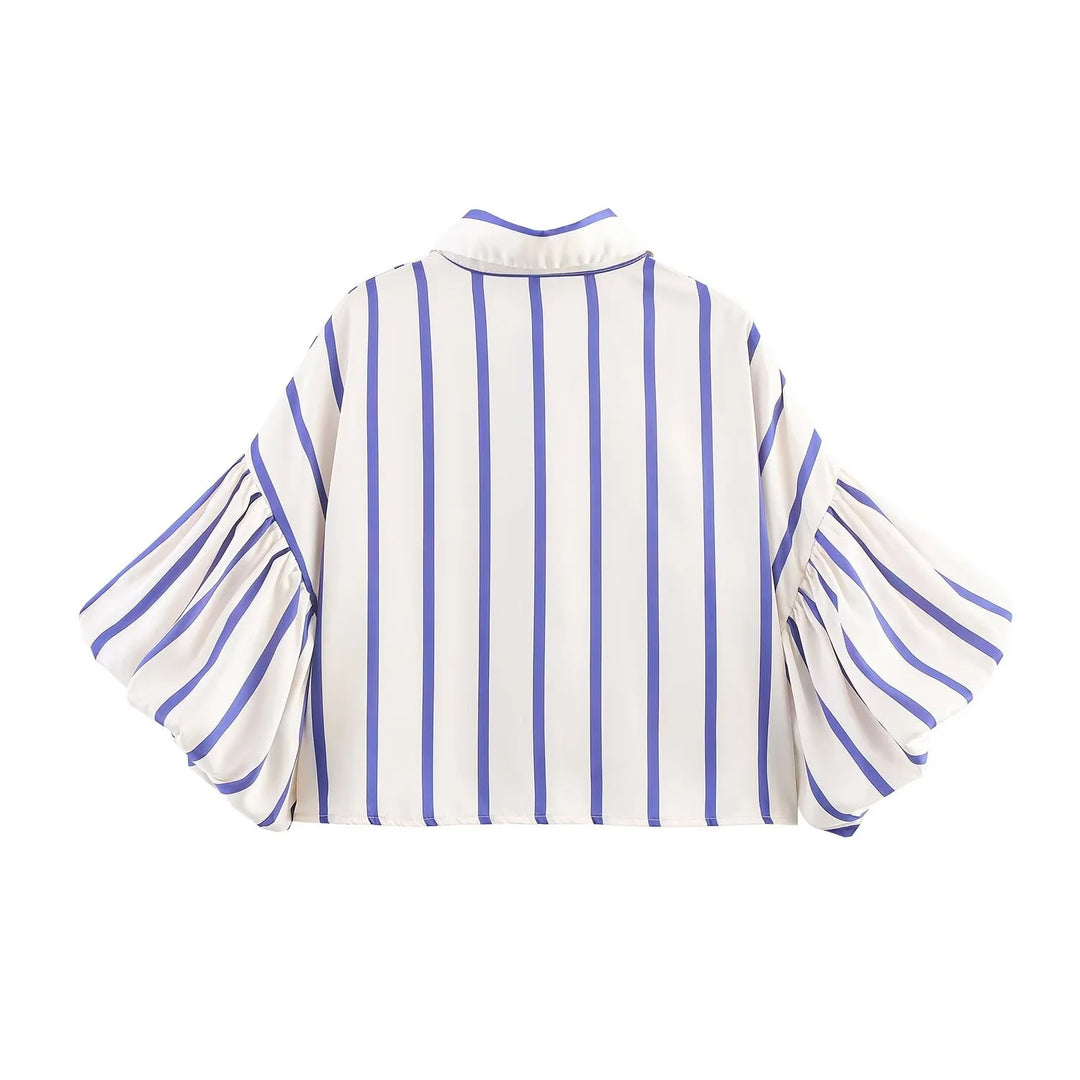 Women Striped Shirts Female Loose-Fit Bubble Sleeve Printed Shirts Lady Casual Youthful Energetic Short Sleeved Tops Clothing