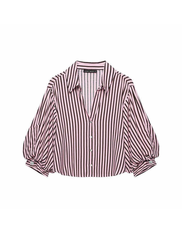Women Striped Shirts For Women Vintage Elegant Puff Sleeve Summer New High Street Clothes Leisure Single-breasted Lapel Blouse