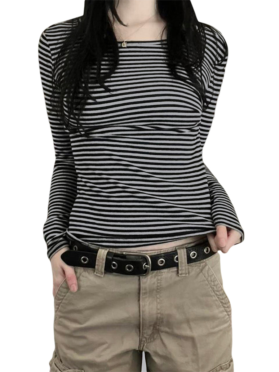 Long Sleeve Shirts for Women Fashion Casual Basic Crew Neck Striped Slim Fit T-shirt Going Out Blouses Y2K Vintage Tight Shirts