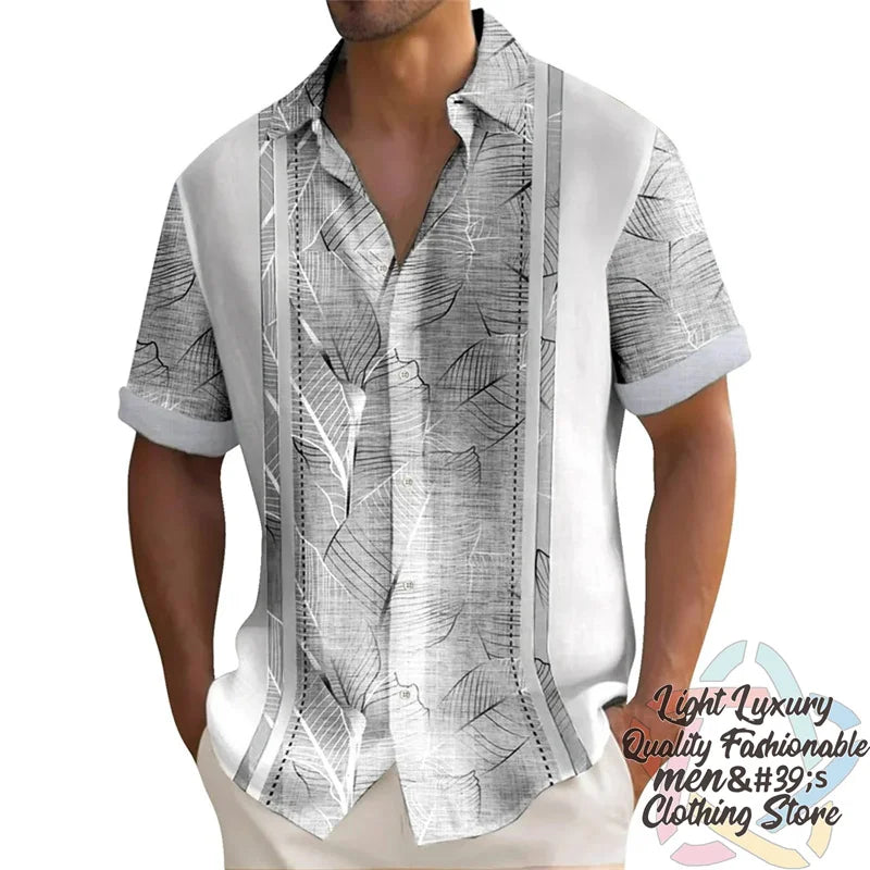 Men's shirts Summer striped linen print shirts Casual short-sleeved button Hawaiian shirts Oversized men's tops outfit collar
