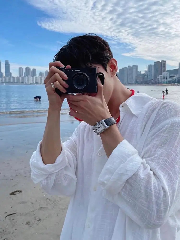 Men's Shirt Premium Thin White Loose Breathable Shirt Loose Long Sleeve Sun Protection Tees Lightweight Vacation Pockets Shirts