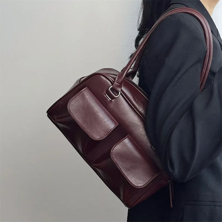Vintage Women’s PU Leather Shoulder Bag – Large Burgundy Tote & Commute Purse