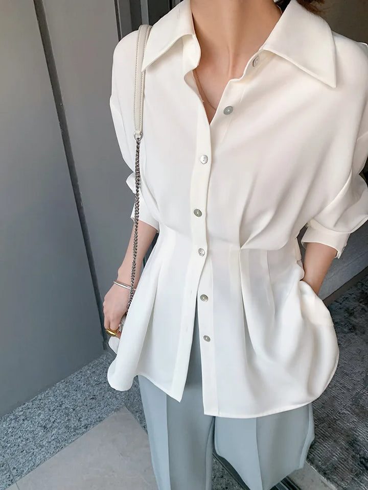 Elegant Women Shirts Woman Waist Long Sleeve Lapel Single Breasted Sashe Shirt Office Lady Business Pleated Ruched Blouses Tops