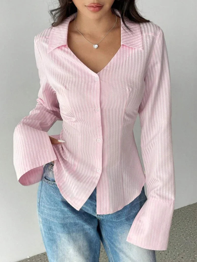 Pink Striped Shirt Women Sexy Turn Down Collar Spring Autumn Chic Blouse Fall Fashion Long Sleeve Single Breasted Slim Tops New