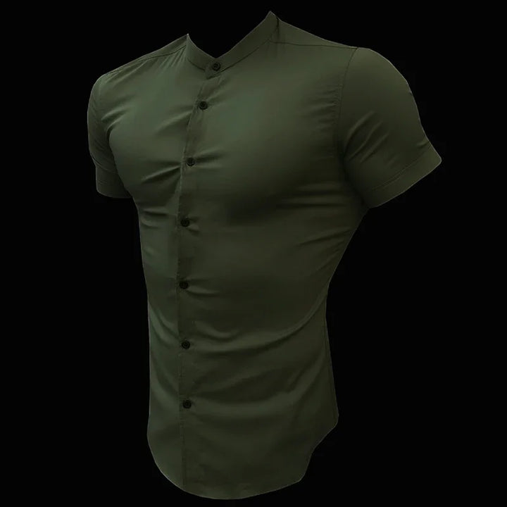 Mens Short Sleeve Shirt Summer Plain Slim Fit Dress Shirts Fitness Men Gym Clothing Fashion Casual Social Stand Business Shirts
