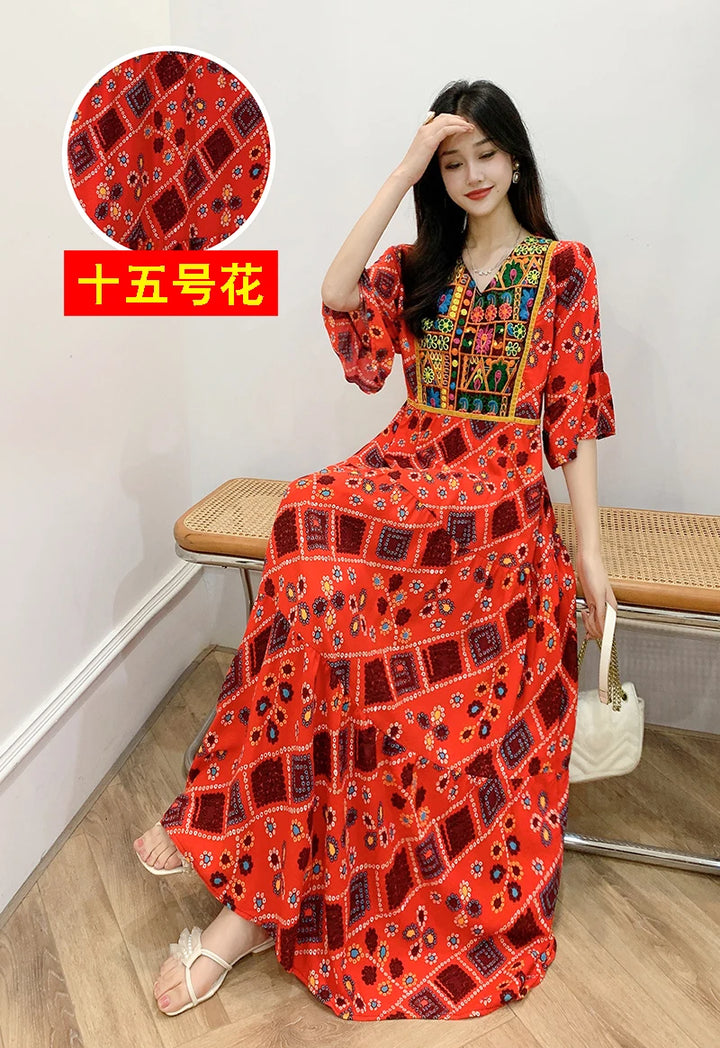 Women’s Indian Summer Dress – Embroidered Elegant Maxi Party & Beach Dress