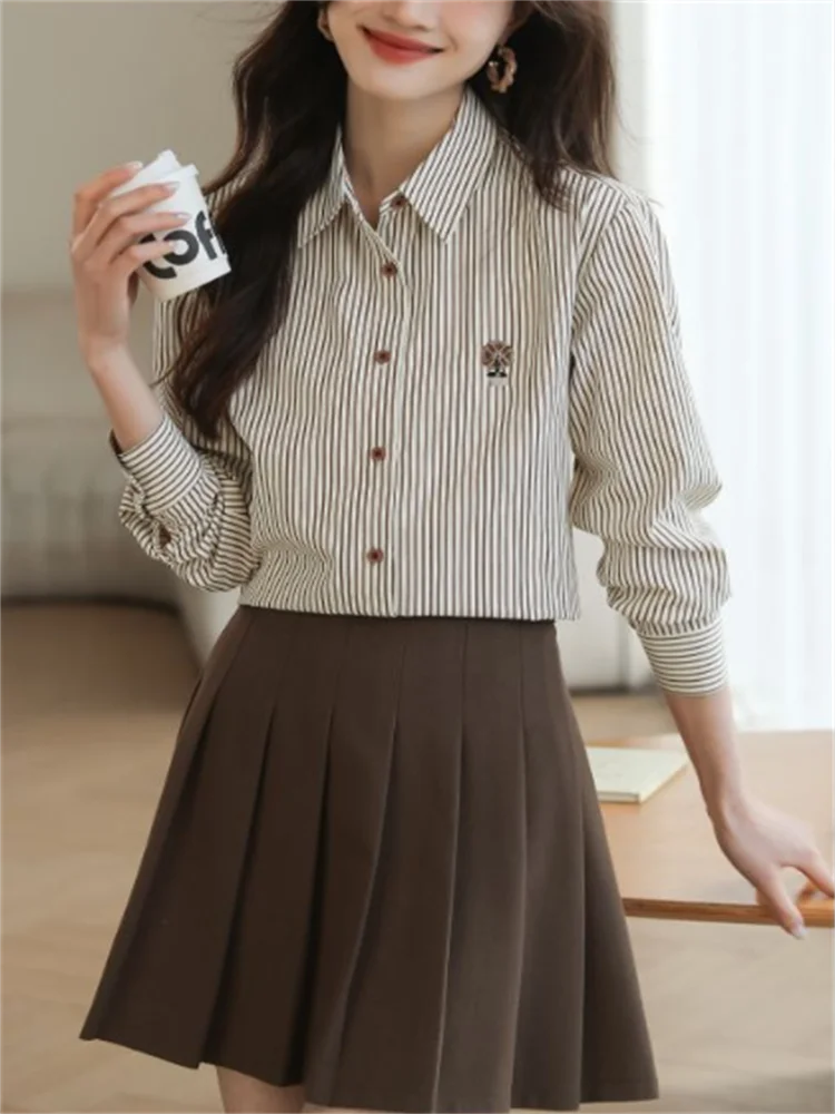 Loose Striped Shirts For Women Embroidered Blouse Spring Autumn Woman Clothes Blous Button Top Fashion Elegant Youth Female Tops