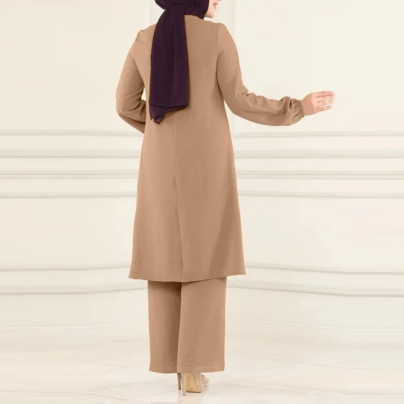 Casual Muslim Dress for Women Blouse 2 Piece Set Long Sleeve Shirt Wide Leg Pant Suits Saudi Arabic Dubai Dresses Autumn 2023