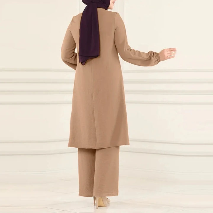 Casual Muslim Dress for Women Blouse 2 Piece Set Long Sleeve Shirt Wide Leg Pant Suits Saudi Arabic Dubai Dresses Autumn 2023