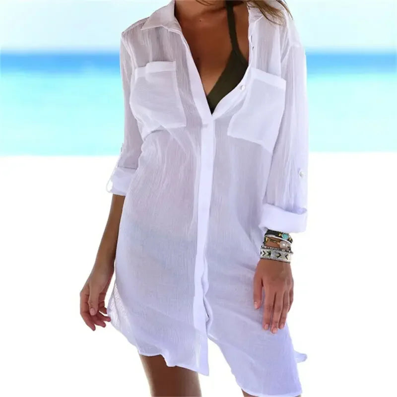 Women’s 2026 Cotton Beach Tunic Dress – Sexy White Maxi & Mini Cover-Up