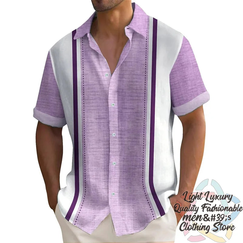 Men's shirts Summer striped linen print shirts Casual short-sleeved button Hawaiian shirts Oversized men's tops outfit collar